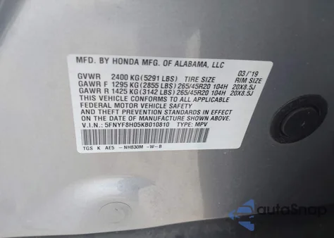 2019 Honda Passport Elite z USA, uszkodzony, nr VIN 5FNYF8H05KB010810